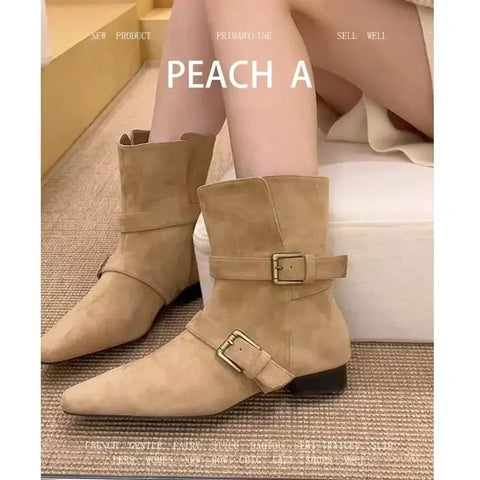 Sonicelife 2025   new fashion design khaki suede leather buckle strap pointed toe boss boots punk style goth square heel women shoes