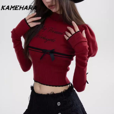 Sonicelife Y2k Sweet Bow Half High Neck Bubble Sleeve Knitted Sweaters Spring Summer Red Short Sleeved Slimming Pullovers Свитер