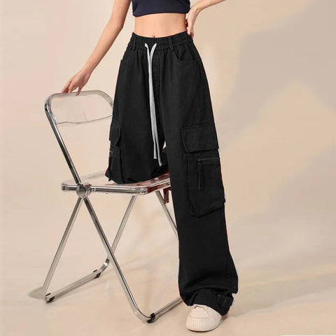 Sonicelife Gldyq Y2K Women Cargo Pants Vintage Hip Hop High Waist Trousers Korean Ladies Casual Retro Harajuku Big Pockets Wide Leg Pants