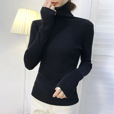 Black Friday Sonicelife Zoki Autumn Fashion Women Turtleneck Sweater Korean Long Sleeve Simple Basic Slim Elastic Jumper Solid Screw Thread Elegant Tops