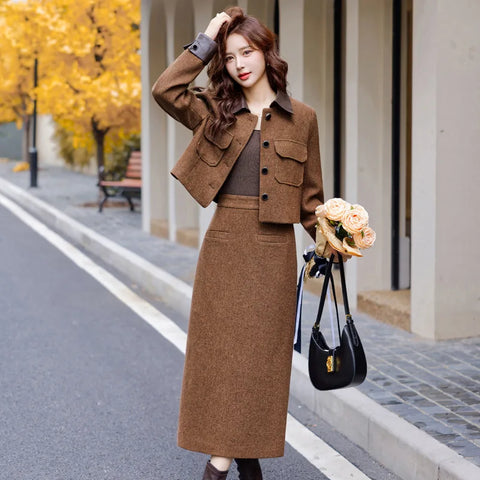 thanksgiving outfit Sonicelife Fashionable Casual Suit Autumn/Winter New PU Leather Patchwork Tweed Style Down Jacket Half Skirt 2-Piece Set Skirt YJ6816