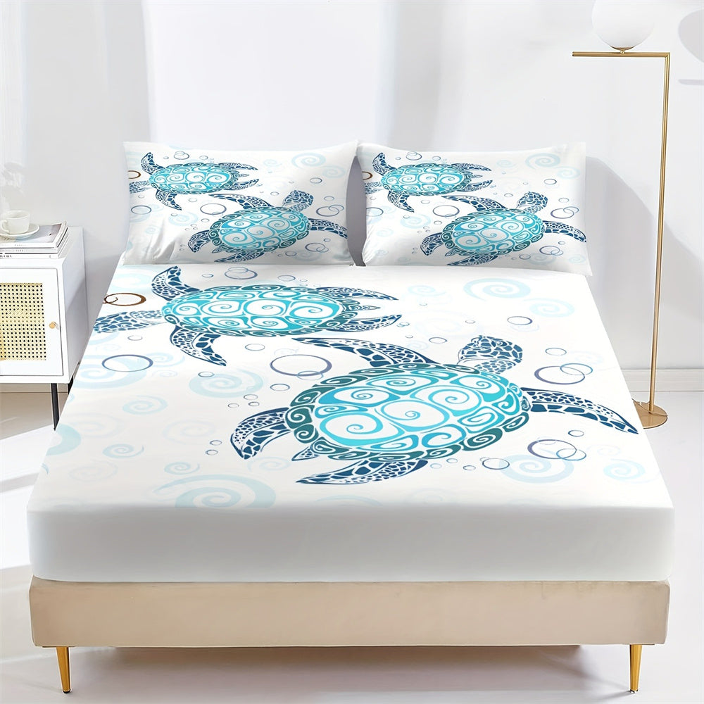 Sonicelife Fashion Style Sea Turtle Print Fitted Sheet Set Mattress Covers Comfortable Breathable Bedding Set With Deep Pocket for Bedroom