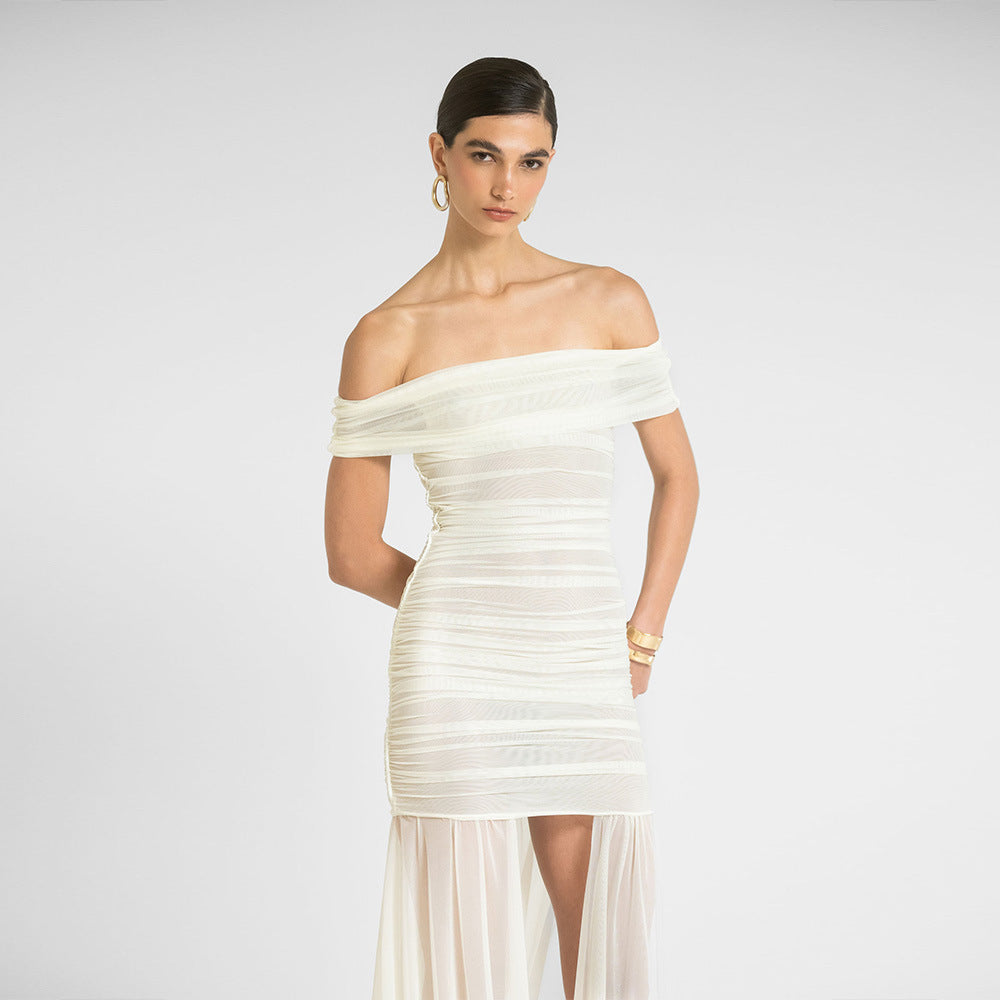 Sonicelife Elegant Solid Color Women Dress Fashion Irregular Hem Off Shoulder Backless Midi Dresses Woman Summer Slim Fit Vocation Robe New