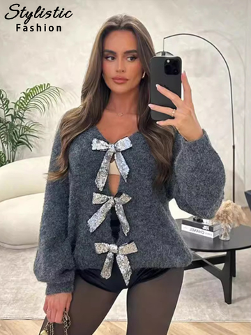 thanksgiving outfit Sonicelife Knitted Bow Lace Up Sweaters Women Hollow Out Deep V-neck Long Sleeve Cardigans Female 2024 Autumn Solid Y2k Streetwear Lady