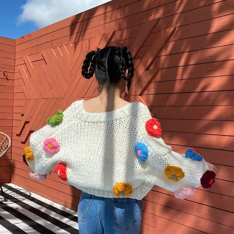 Sonicelife Harajuku Flower Knitted Cardigan Women Sweet Cute Cropped Sweater Coat Y2K Streetwear Floral Knitwear Winter Korean Jumpers Tops