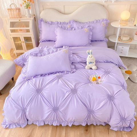 Sonicelife Korean version bed skirt four piece set, princess style bedding set, autumn and winter thickened matte four piece set