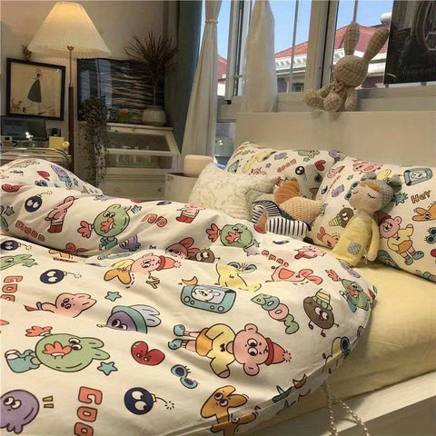 Sonicelife Korean Style Cartoon Sheep Bedding Set Girls Kids Twin Full Queen Size Bed Flat Sheet Duvet Cover Pillowcases Bed Linen Kawaii