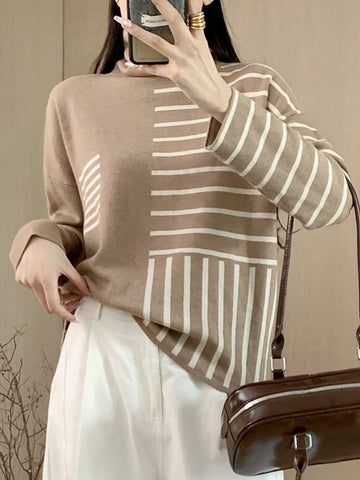 christmas outfit Sonicelife Long Sleeves Loose Contrast Color Striped High Neck Pullovers Sweater Tops