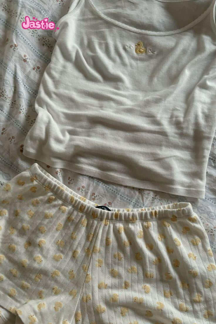Sonicelife Yellow Duck Embroidery Cute Tees Camis Tank + Cartoon Chic Shorts Two Piece Set For Women Homewear Y2K Casual Summer Female Suit