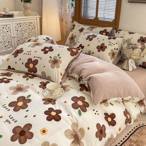 Sonicelife European style floral washed cotton four piece bedding set, student dormitory bedding set, bed sheets, pillowcases, three piece