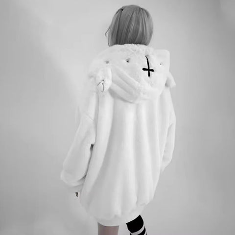 christmas outfit Sonicelife Spring Winter Warm Thick Soft Faux Fur Hoodie Women with Bear Ears Dark Academia Clothing vintage Fluffy Jacket 2025