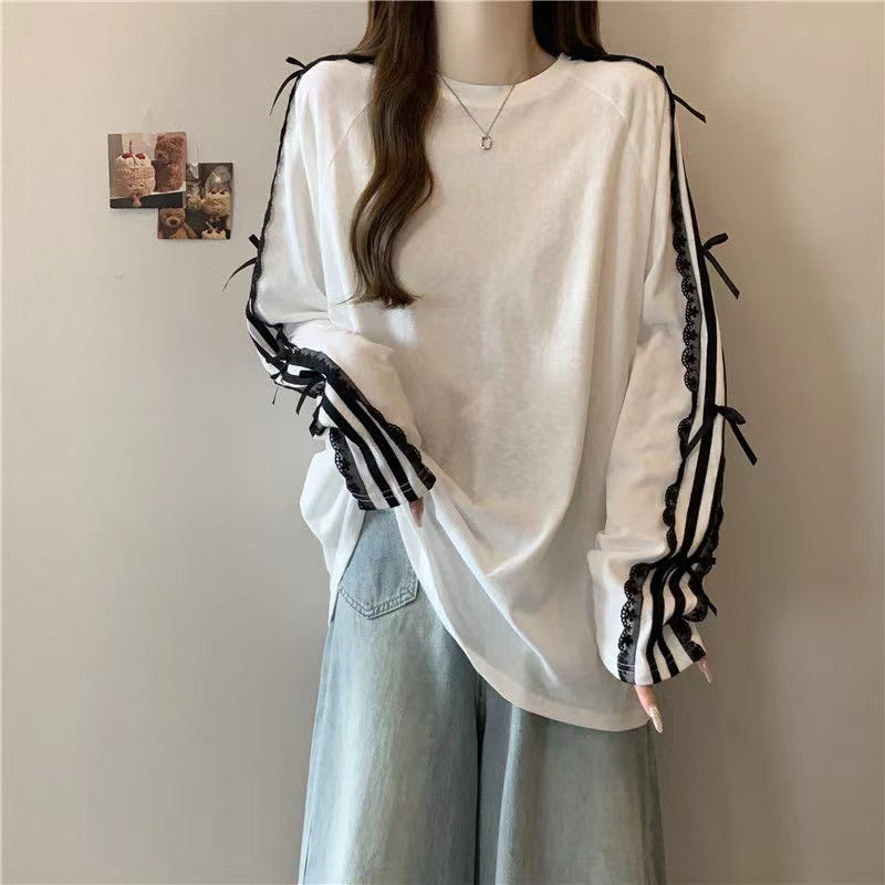 Sonicelife Sweet Loose Long Sleeve Patchwork Lace Tops Harajuku High Street Korean All Match Oversieze Women Clothing Y2k Aesthetic Tees