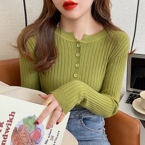 Black Friday Sonicelife Autumn Winter Sweater Women Korean Slim Button Solid Knitted Long Sleeve Pullover Fashsion Elegant Bottom Basic Female Jumpers