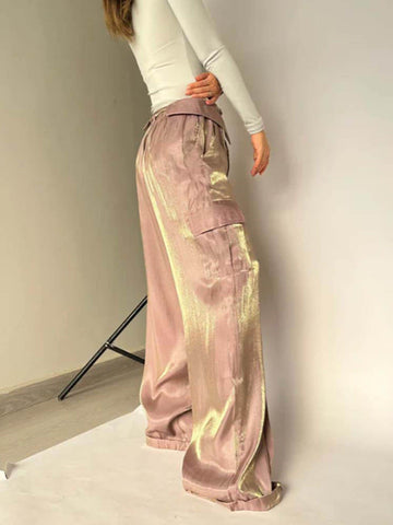 Sonicelife-Golden Years Glitter Fabric Drawstring Waist Pocketed Wide Leg Pants