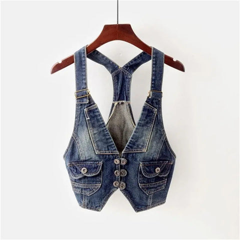 Sonicelife 2025 Summer Vintage Sling Denim Vest Women Waistcoat Casual Cowboy Sleeveless Jacket Korean Slim Short Jeans Vests Coat