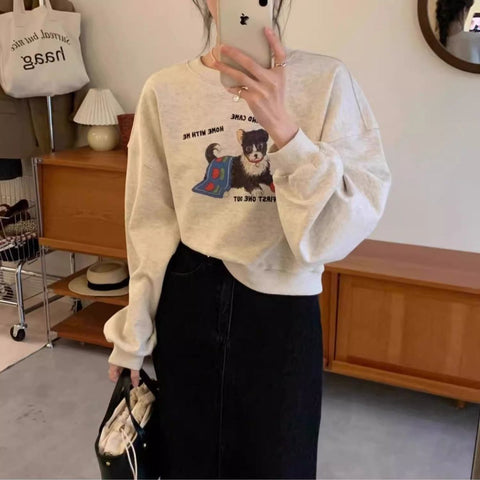 christmas outfit Sonicelife American retro gray puppy round neck sweatshirt for women autumn and winter plus velvet loose shoulder crop top women clothing