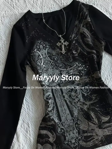 Sonicelife Gothic Vintage Print Long Sleeve T Shirts Women Clothes Harajuku Diamond Black Tees Bandage Casual Fashion T-shirt Y2k Tops New