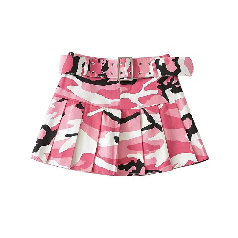 Sonicelife Summer Women Pink Camouflage Pleated Skirts Dance Girls School High Waist Belt Camo Pleated Skirts Cosplay  A Line Mini Skirts