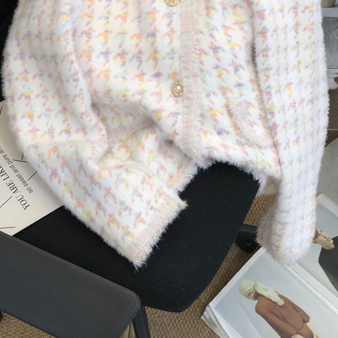 Sonicelife Korean Houndstooth Women Cardigan Sweaters Fashion Sweet Loose Long Sleeve Knitted Coats Elegant Buttons O Neck Casual Tops