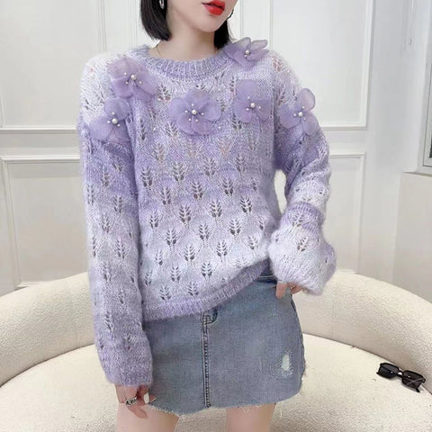 Black Friday Sonicelife Sweet Flowers Sweater Women Pink Beaded Hollow Out Loose O-Neck Knitted Jumpers Fashion Spring Fall Long-Sleeved Lazy Pretty Top