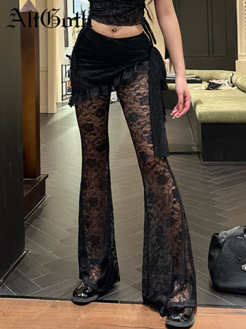 Sonicelife Gothic Dark Lace Pants Women Vintage Y2k Streetwear Emo Sexy See Through Velevt Patchwork High Waist Flare Pants Female