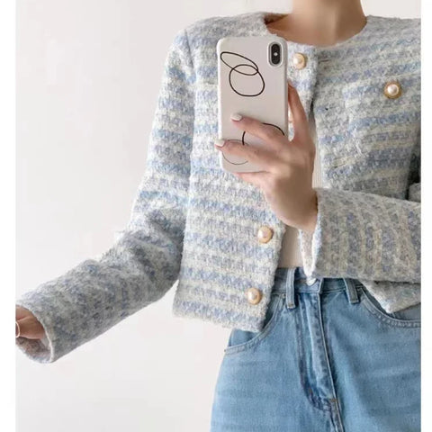 Sonicelife Blue Pearl Button Jacket For Round Neck Long Sleeve Woven Suit Women Romantic Tweed Style Loose  Sweet Coat Short Top