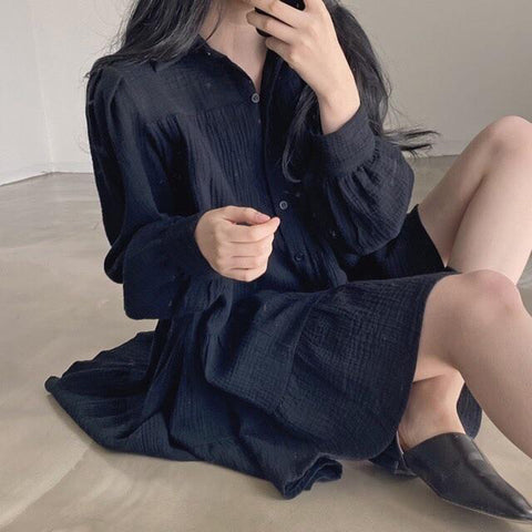 Sonicelife Korean Chic Long Sleeve Dress Women Loose Turn Down Collar Folds Simple Dress Fashion All Match Sweet Autumn Solid Vestidos