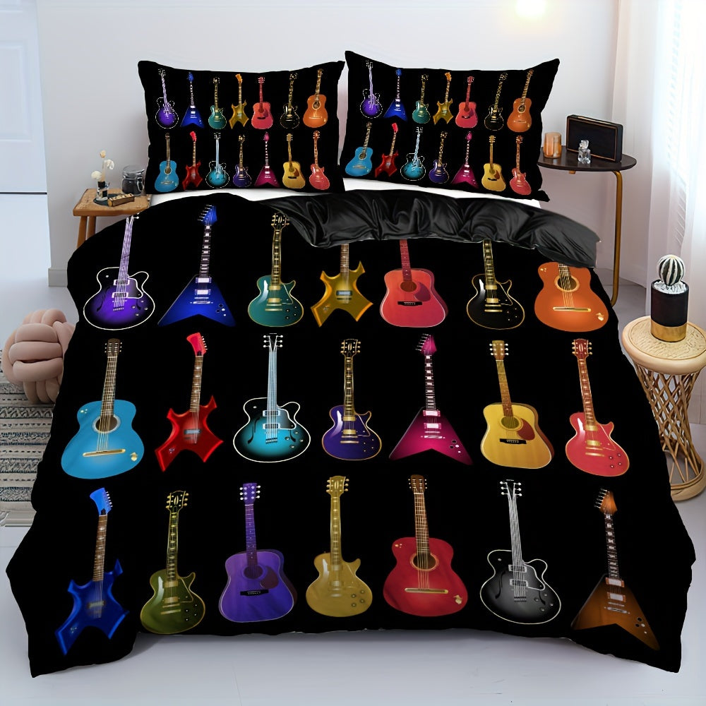 Sonicelife 2/3pcs Vibrant Guitar Music Instruments Duvet Cover Set - Soft & Stylish Bedding for Music Lovers 1 Duvet Cover + 1/2 Pillowcase