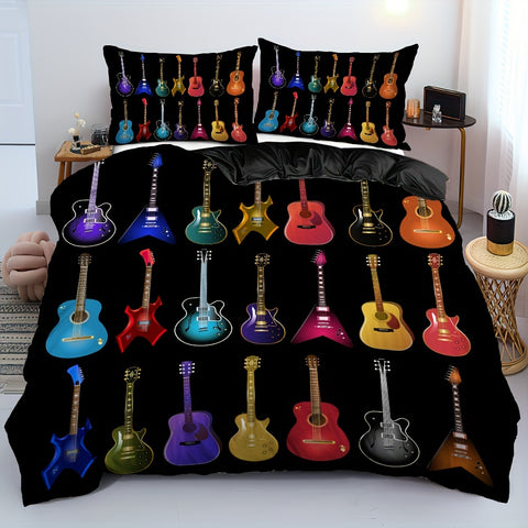 Sonicelife 2/3pcs Vibrant Guitar Music Instruments Duvet Cover Set - Soft & Stylish Bedding for Music Lovers 1 Duvet Cover + 1/2 Pillowcase
