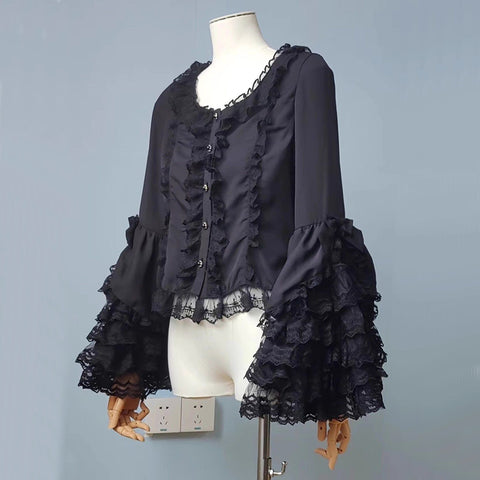 Sonicelife Japanese Lolita Shirt Women Y2K Aesthetic Lace Patchwok Blouse Autumn Kawaii Girl Sweet Cute Pleated Bow Flare Sleeve Blusas Top