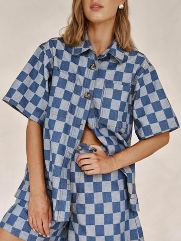 Sonicelife-Loose Check Print Denim Shirt