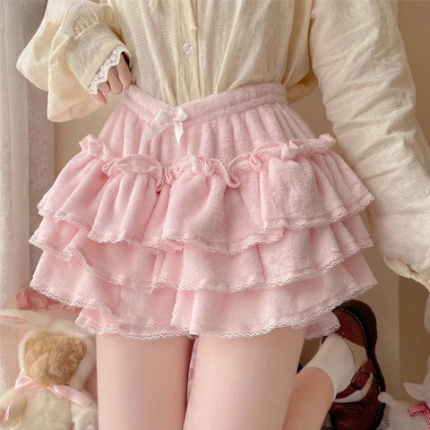 Sonicelife Harajuku Sweet Lolita Short Skirts Autumn Winter Plush Bloomers Y2k Japanese Kawaii Knickers Women Lace Bow Safety Short Pant