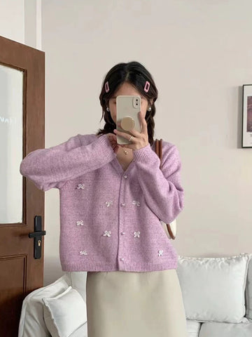 Sonicelife Bow Sweet Women Cardigan Sweaters Japan V Neck Elegant Knitted Coat Fashion Long Sleeve Loose Casual Cute Fall Female Tops
