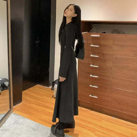 Sonicelife Elegant Hooded Long Sleeve Dresses Women Autumn Winter Fashion Slim Knitted Solid Dresses Korean Casual All Match Long Vestidos