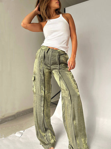 Sonicelife-Golden Years Glitter Fabric Drawstring Waist Pocketed Wide Leg Pants