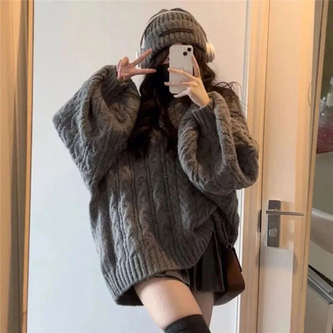 Sonicelife Autumn Winter Women Sweater Harajuku Oversized Knitted Pullovers Korean Long Sleeve V Neck Knitwear Preppy Solid Loose Jumper