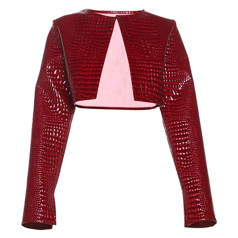 Sonicelife Street Women's Crop Leather Jacket Shiny Snake Print O-neck Long Sleeve Cardigan Jacket 2024 Autumn Lady Sexy Y2k Streetwear