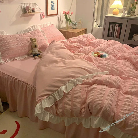 Sonicelife Pink Ruffled Seersucker Duvet Cover Set 3/4pcs Soft Lightweight Down Alternative Grey Bedding  with Bed Skirt and Pillowcases