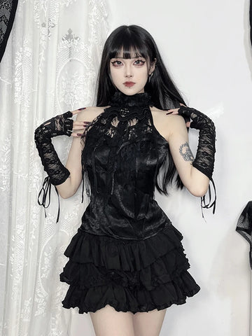 Sonicelife Gothic Aesthetic Vest Women Streetwear Vintage Lace Patchwork Halter Crop Tank Tops Elegant Grunge Coquette Rave Outfits