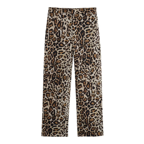 Sonicelife Women's New Satin Leopard Print Waist Tie up Shirt Fashionable and Casual Style Straight pants