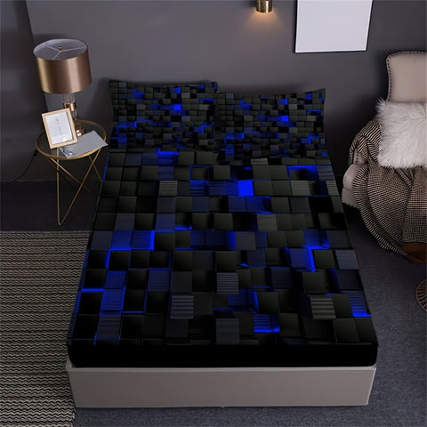 Sonicelife Red Grid 3D Visual Geometry Art Print Fitted Sheet Set Mattress Covers Soft Breathable Bedding Set With Deep Pocket for Bedroom