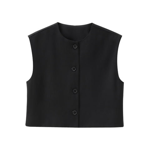 Sonicelife Women's Sleeveless Round Neck Single Breasted Design Vest Commuting Temperament Casual Versatile Tank Top New