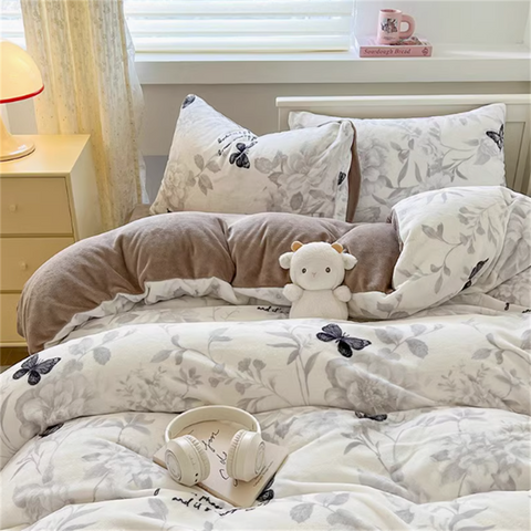 Sonicelife Ins Milk Velvet Bedding Four-Piece Set Thick Double-Sided Flannel Quilt Cover Plus Velvet Sheets Winter Bedding Three-Piece Set