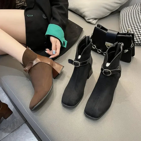 Sonicelife Autumn Women Ankle Boots Black Chunky High Heel Color Matching Buckle Bota Back Zip Casual Female PU Learther Botines Chelsea