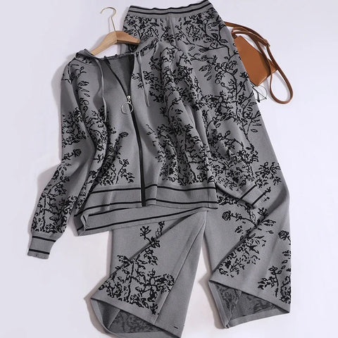 Sonicelife Jacquard Knit Long Sleeved Zipper Hooded Cardigan And Elastic High Waist Wide Leg Pants Printed Street 2 Piece Set Women Outfit