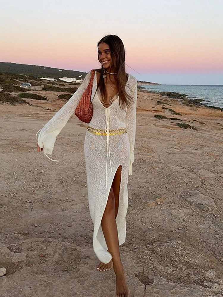 Sonicelife Casual Knit Open Fork Long Dress Elegant White V Neck Full Sleeve Lace Up Robes New Women's Summer Beach Holiday Vestidos 2025