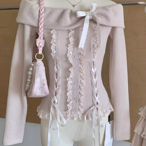 Sonicelife Autumn Winter New Two Piece Set Kawaii Bow Off Shoulder Long Sleeve Tops + 2yk High Waist Ruched Cake Skirt Japanese Pink Suits