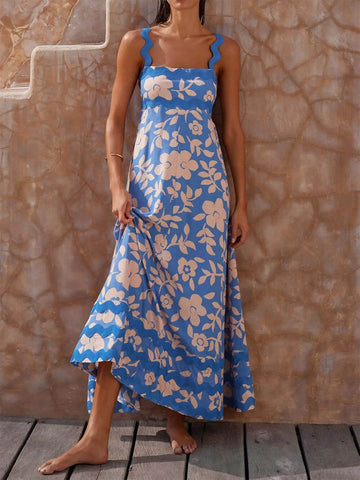 Sonicelife-Printed Square Neck Strap Maxi Dress