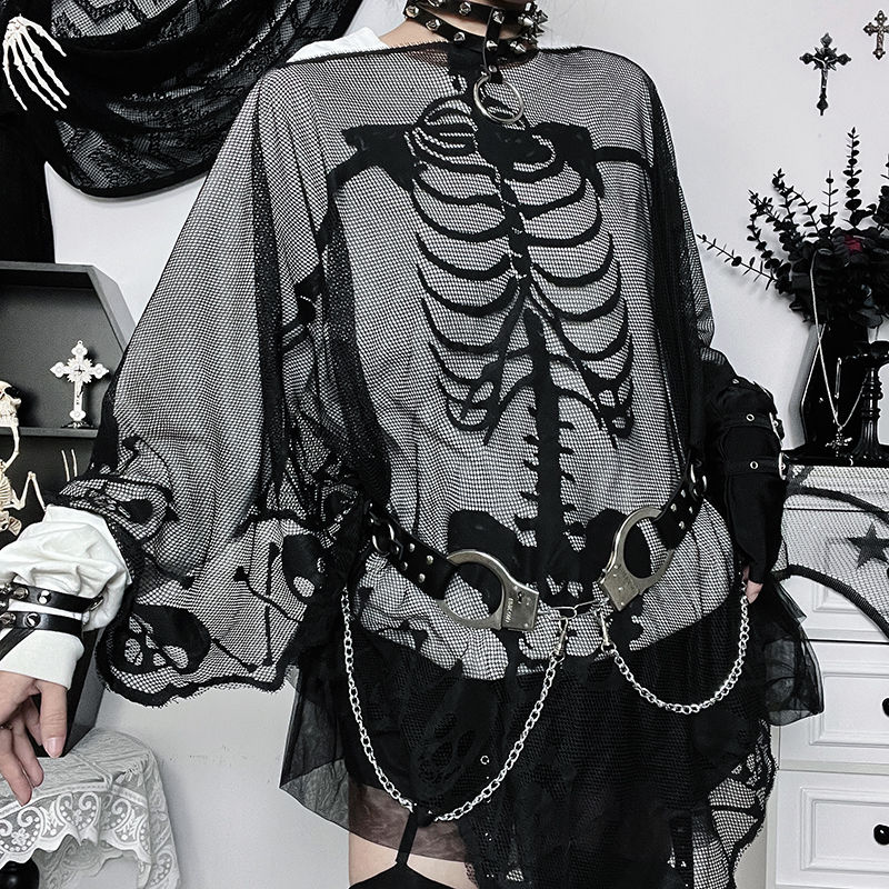 Sonicelife American Y2K Gothic Skull Lace Cape T-Shirt Women Retro Punk Street Loose Hollow Hot Girl Outerwear Halloween Festival Party Top