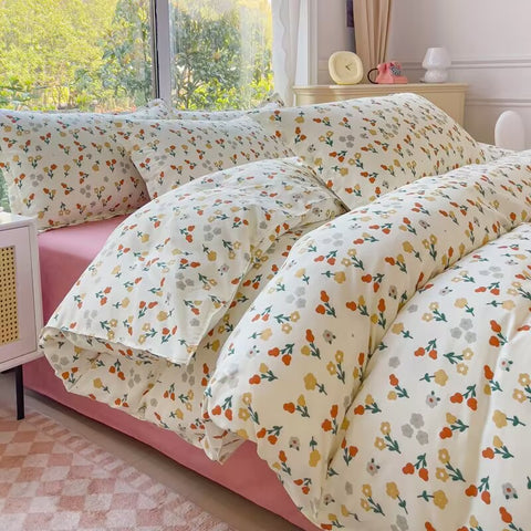 Sonicelife Korean Pink Rose Duvet Cover Set Soft Green Flat Sheet Quilt Cover Pillowcase Bed Linen Twin Queen Full Size Floral Bedding Set